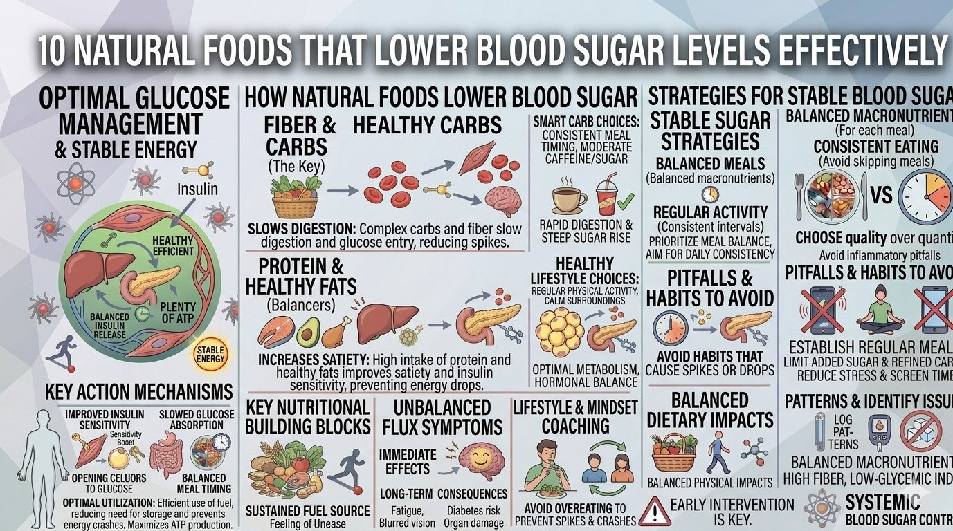 10 natural foods that help lower blood sugar levels infographic including vegetables, fruits, whole grains, and healthy proteins