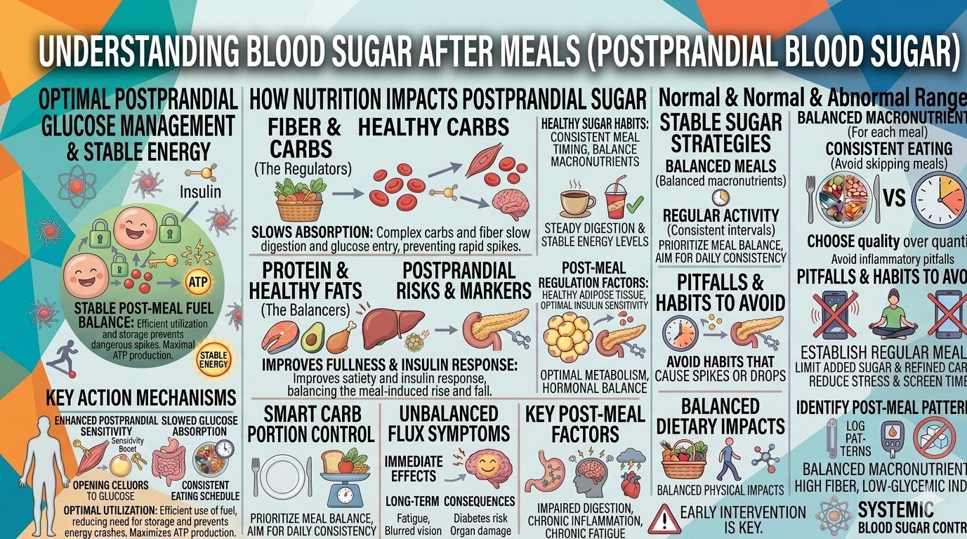 Blood sugar levels after meals infographic showing normal postprandial glucose ranges and factors affecting blood sugar