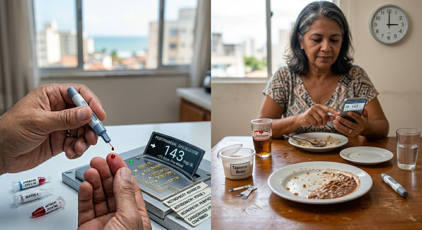 Person checking blood sugar after a meal to monitor postprandial glucose levels