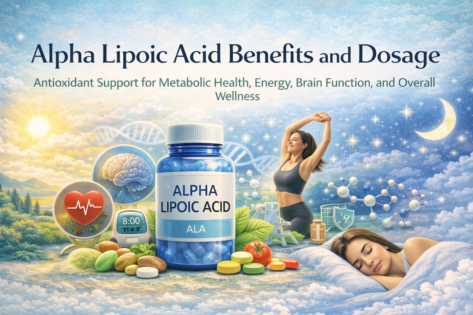 Alpha lipoic acid supplement supporting metabolic health, energy production, brain function, and overall wellness