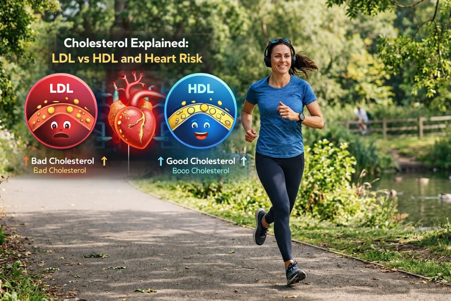 Cholesterol explained illustration showing LDL vs HDL and heart risk with a woman jogging in a park
