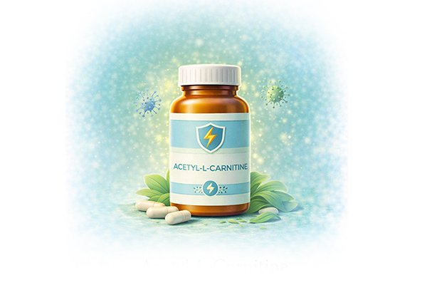 Acetyl-L-Carnitine supplement illustration showing brain energy and cognitive support