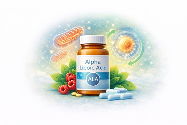 Alpha-Lipoic Acid (ALA) supplement bottle surrounded by raspberries, energy symbols, and capsules, illustrating antioxidant support.