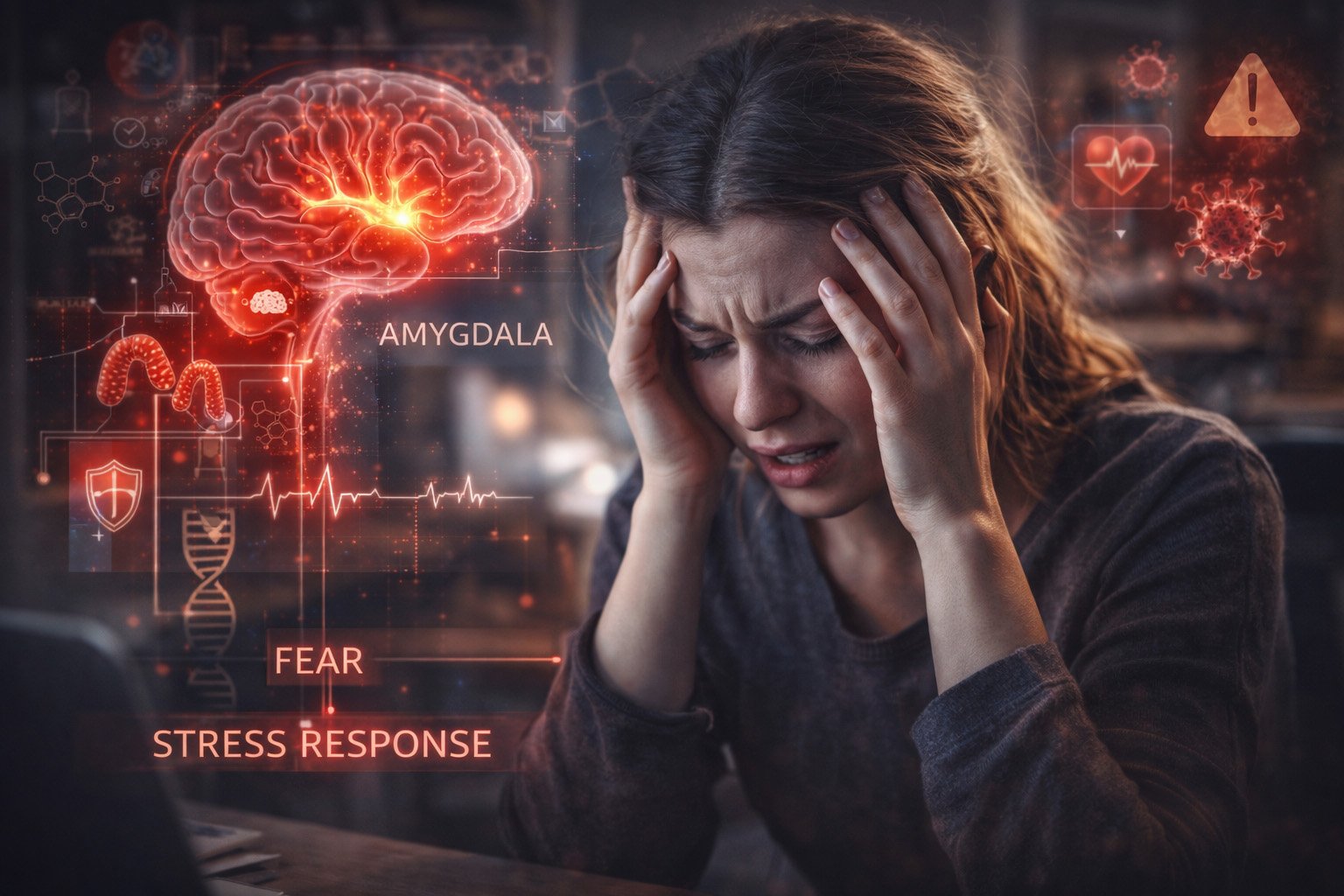 Woman experiencing anxiety with visual representation of brain activity and stress response system highlighting fear and nervous system activation