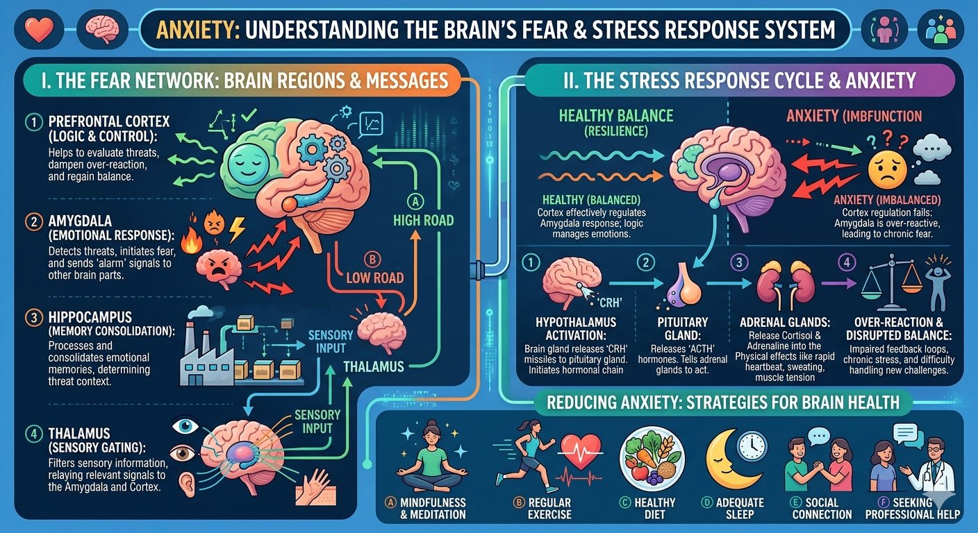 Infographic showing how anxiety activates the brain's fear and stress response system, including the amygdala, nervous system, and physical symptoms of anxiety