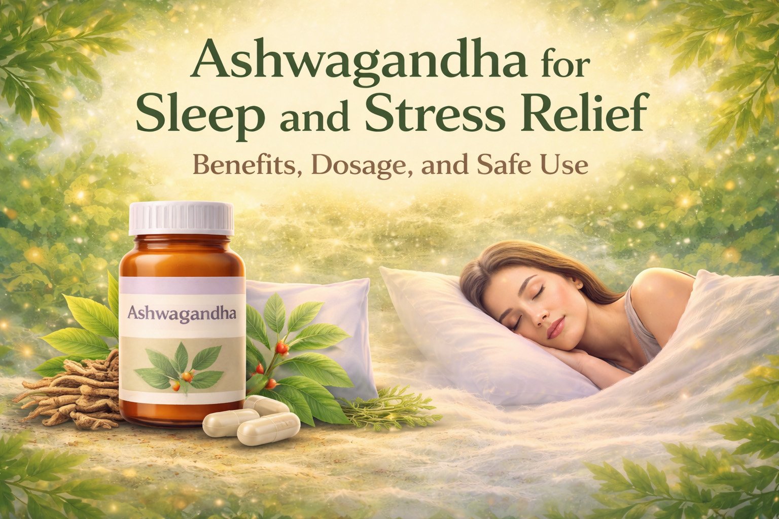 Ashwagandha supplement for sleep and stress relief illustration showing capsules and a person sleeping peacefully