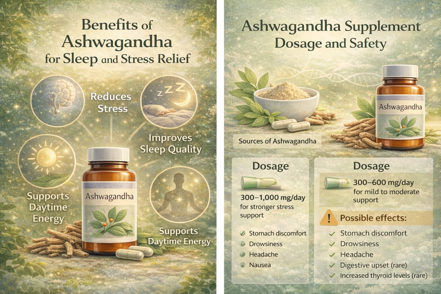 Ashwagandha for sleep infographic showing benefits, recommended dosage, and safety information for sleep and stress support