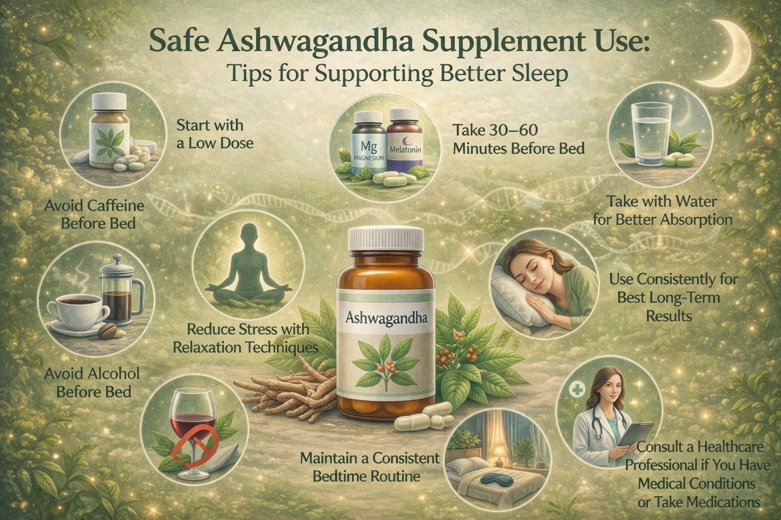 Safe use of ashwagandha supplement infographic showing tips for dosage timing, bedtime routine, and stress and sleep support guidance