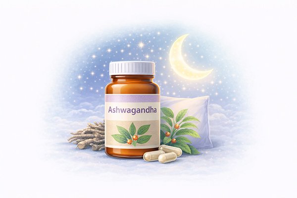 Ashwagandha supplement bottle representing stress reduction and sleep support