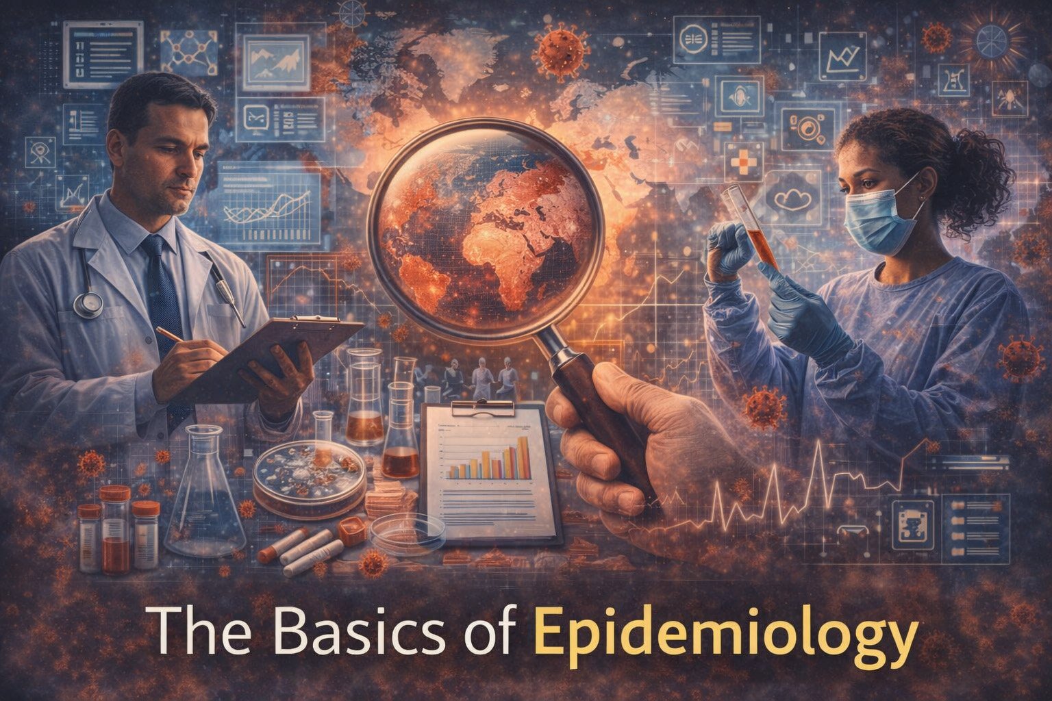 Epidemiologists analyzing disease spread data using laboratory tools, charts, and global maps to understand and prevent outbreaks