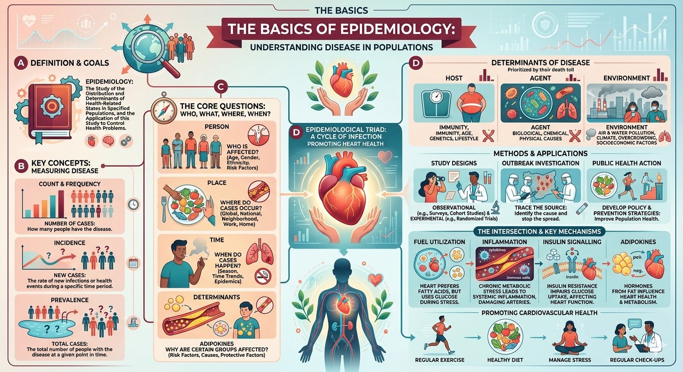 Infographic explaining the basics of epidemiology, including disease transmission, risk factors, population health, and methods used to track and prevent outbreaks