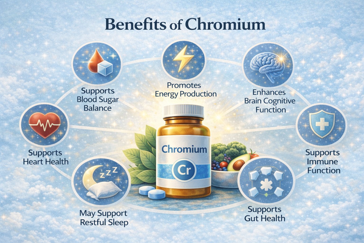 Chromium supplement benefits supporting blood sugar balance, energy production, brain function, and metabolic health