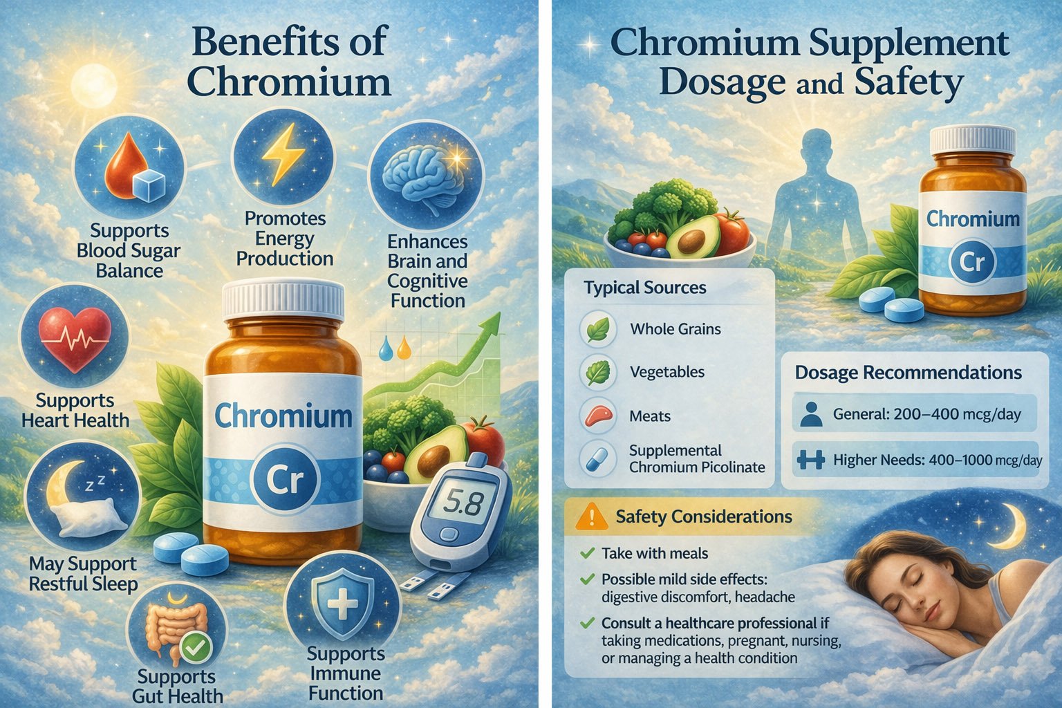 Chromium supplement benefits, dosage recommendations, and safety information for blood sugar balance and metabolic health support