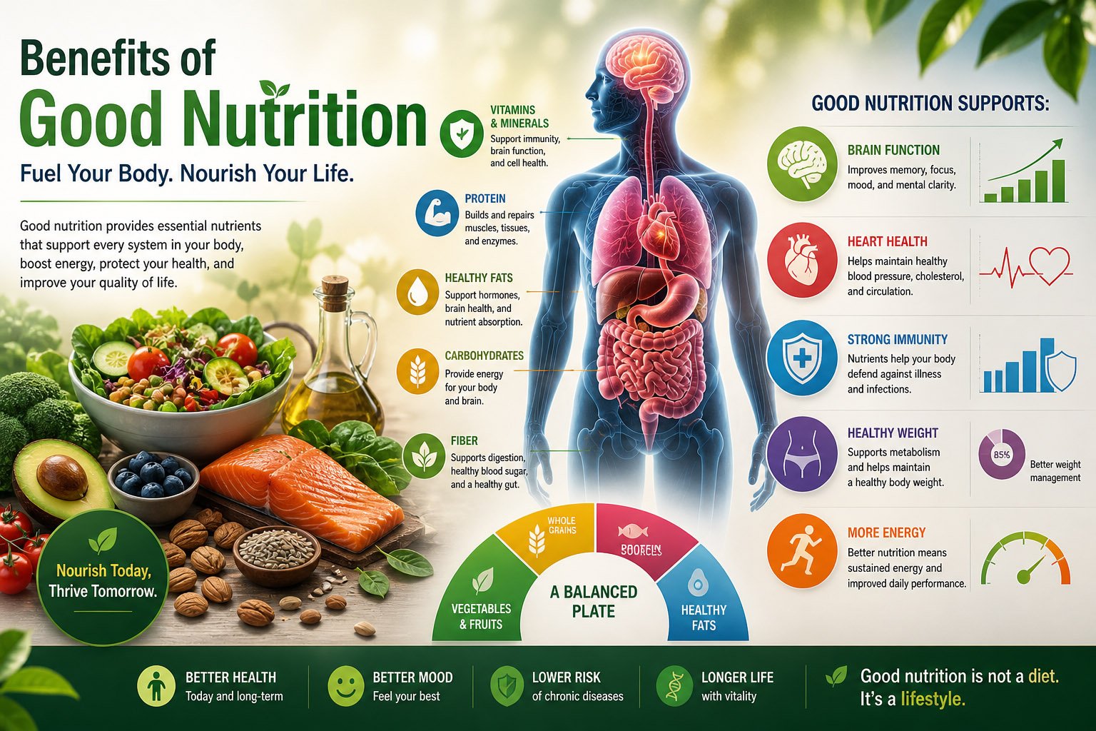 Infographic showing the benefits of good nutrition, including healthy organs, improved energy, immune support, and balanced metabolism supported by vitamins and whole foods