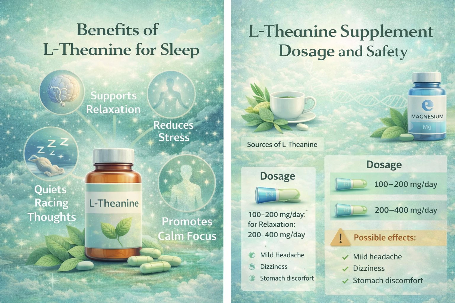 Benefits of L-theanine for sleep infographic showing relaxation support, dosage guidance, and safety information