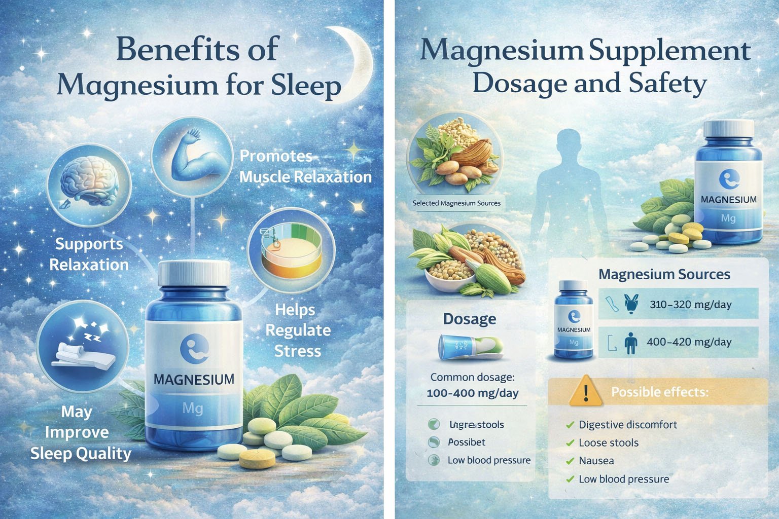 Infographic showing benefits of magnesium for sleep and relaxation along with dosage guidelines and safety considerations