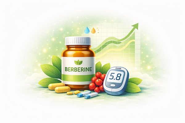 Berberine supplement bottle with capsules, fresh leaves, and a glucose meter, representing natural blood sugar management.