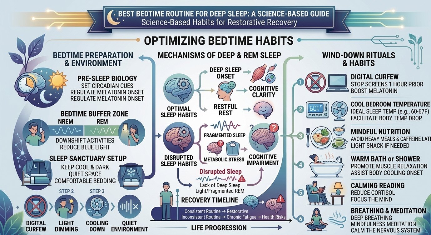 Infographic showing the best bedtime routine steps for deep sleep, including relaxation, consistent schedule, and sleep-friendly habits