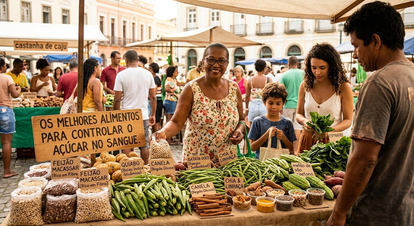 People choosing fresh vegetables and healthy foods at a market to support blood sugar control and balanced nutrition