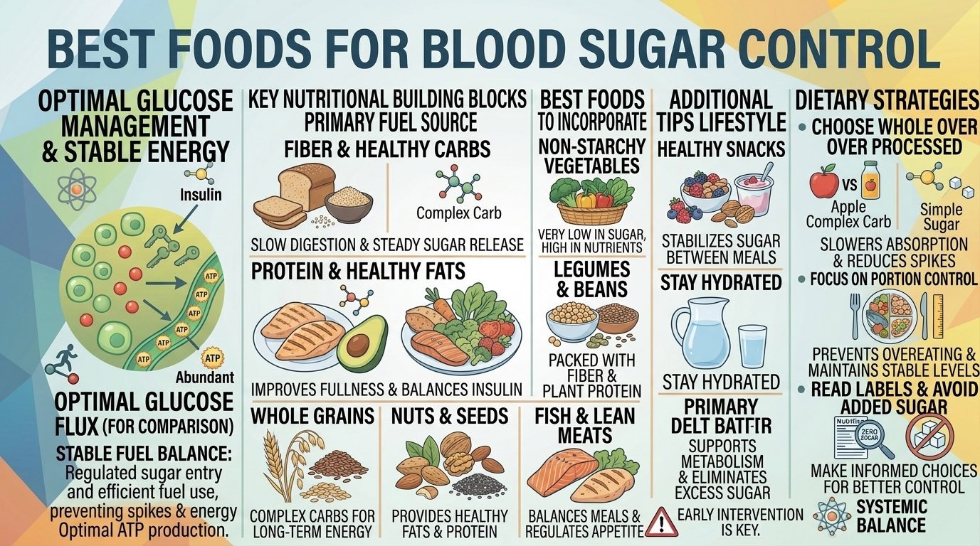 Best foods for blood sugar control infographic showing vegetables, whole grains, legumes, healthy fats, and balanced meals for stable glucose
