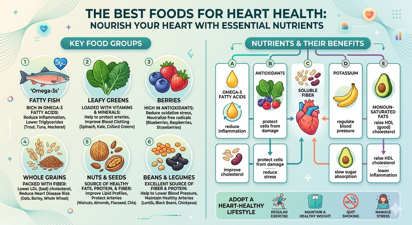Best foods for heart health infographic showing fruits, vegetables, fish, nuts, whole grains, and healthy fats that support cardiovascular health