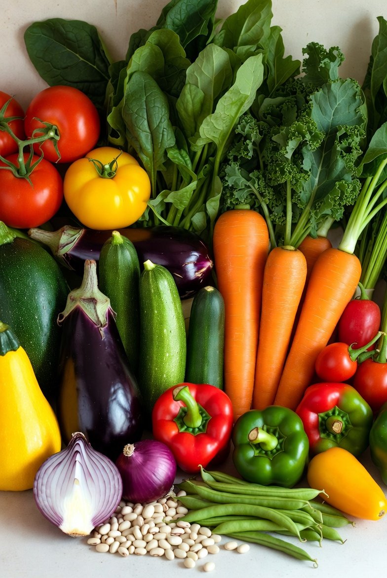 Fresh vegetables and fruits rich in nutrients that support heart health including carrots, tomatoes, leafy greens, and peppers