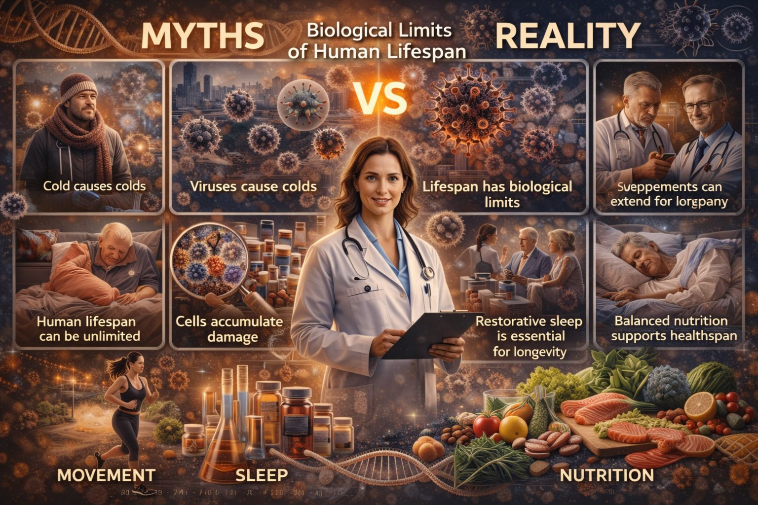 Infographic showing the biological limits of human lifespan with a female health professional highlighting factors such as sleep, nutrition, and physical activity affecting longevity