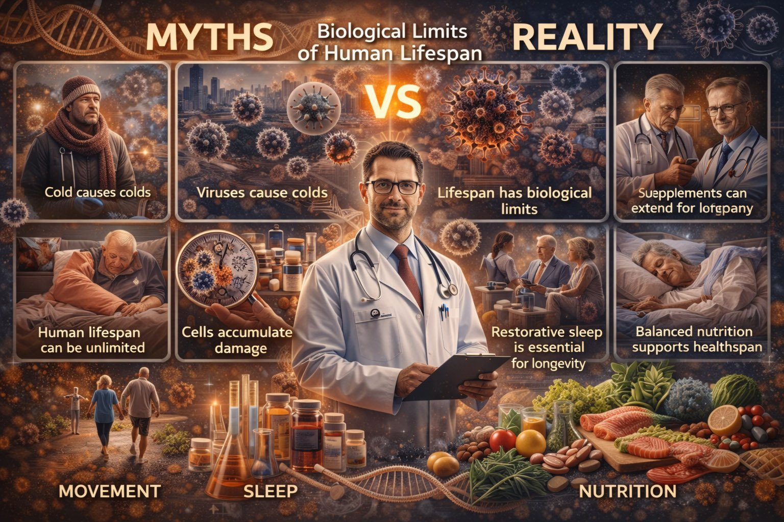 Infographic illustrating the biological limits of human lifespan including cellular damage, sleep health, nutrition, and physical activity factors affecting longevity
