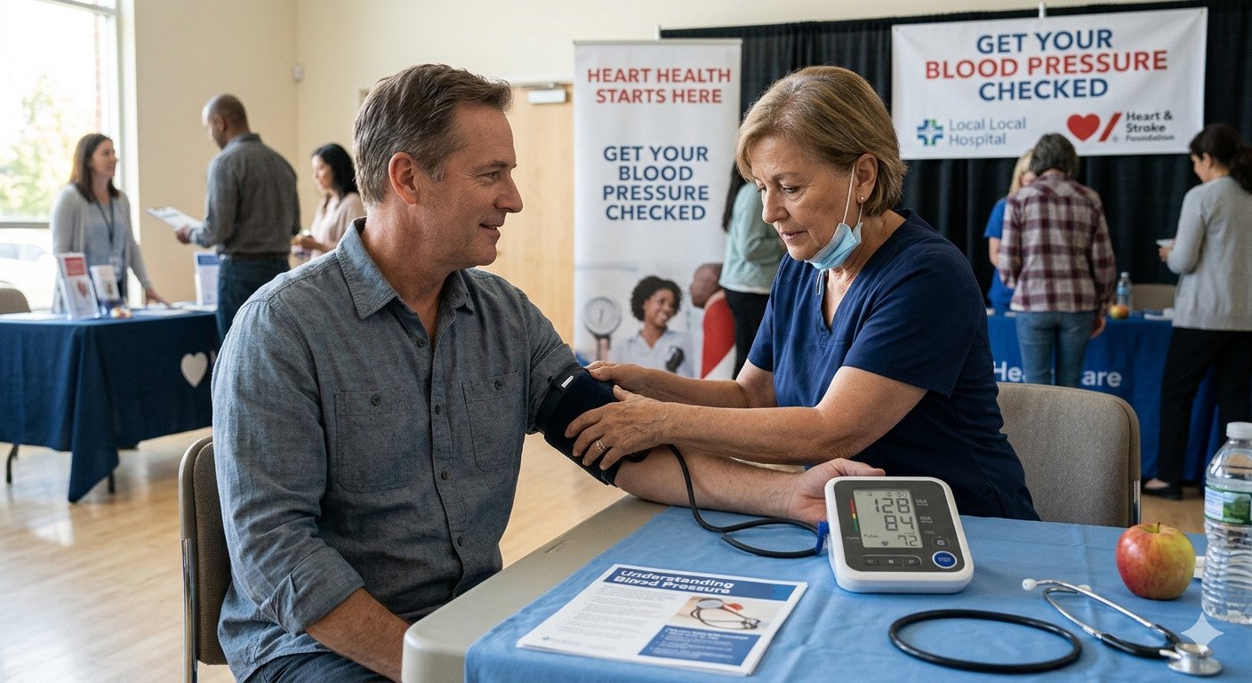 Healthcare professional measuring blood pressure during a heart health checkup to monitor hypertension and cardiovascular risk
