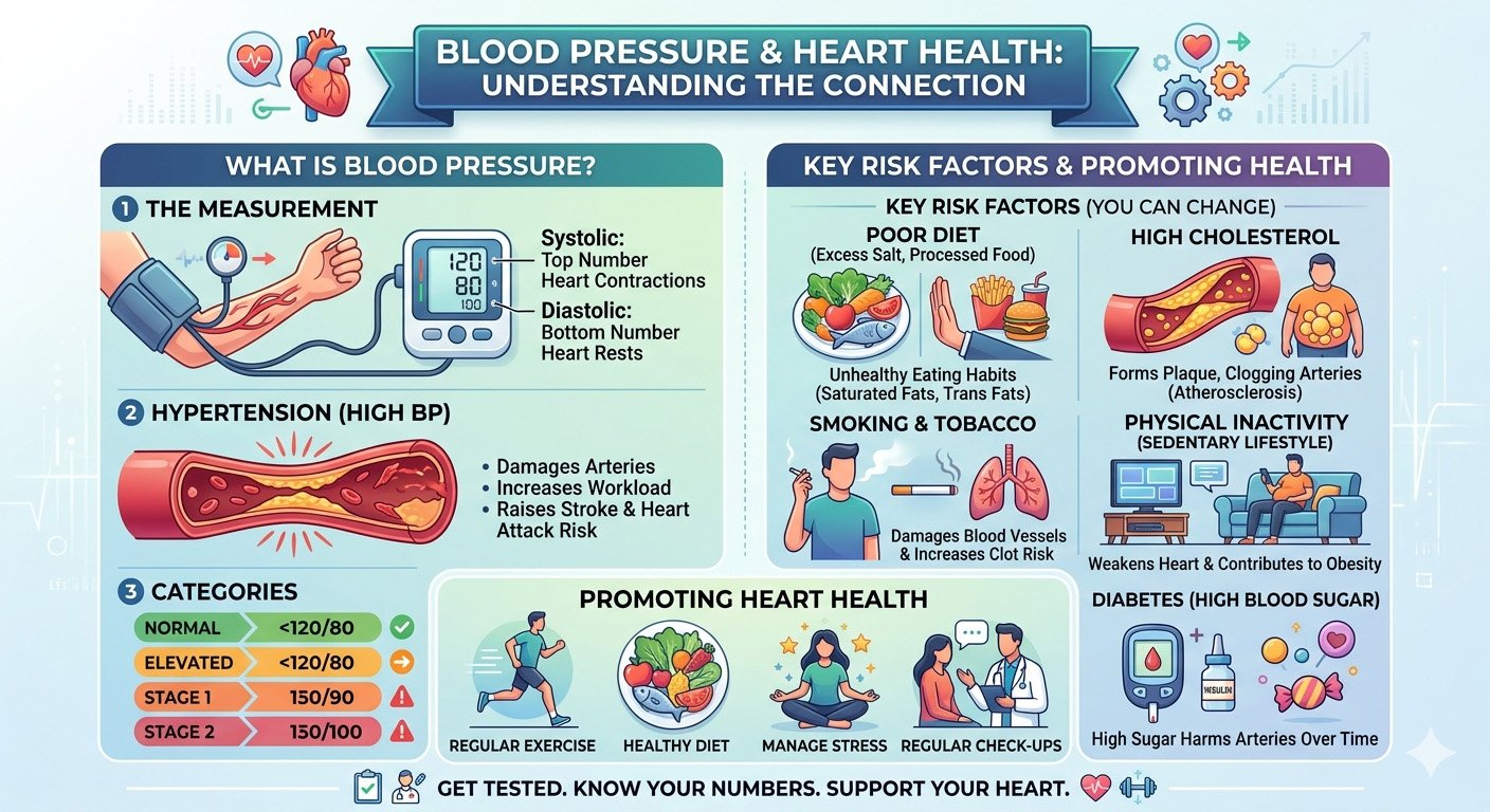 Infographic showing the connection between high blood pressure and heart health including hypertension risks and prevention strategies