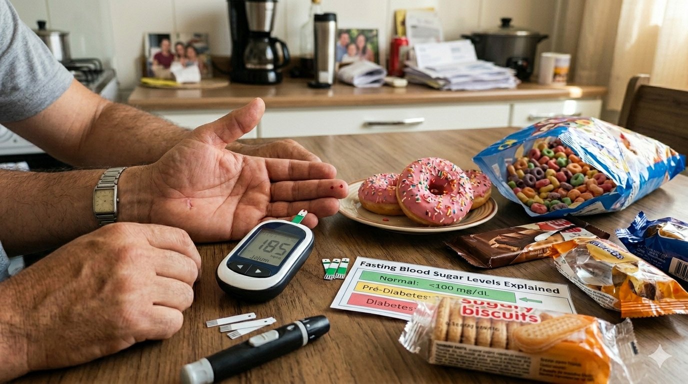 Person experiencing sugar cravings with snacks and checking blood sugar levels