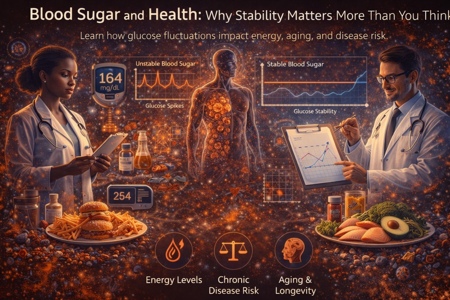 Medical illustration showing stable vs unstable blood sugar levels, glucose monitoring, healthy and unhealthy foods, and their impact on energy and chronic disease risk