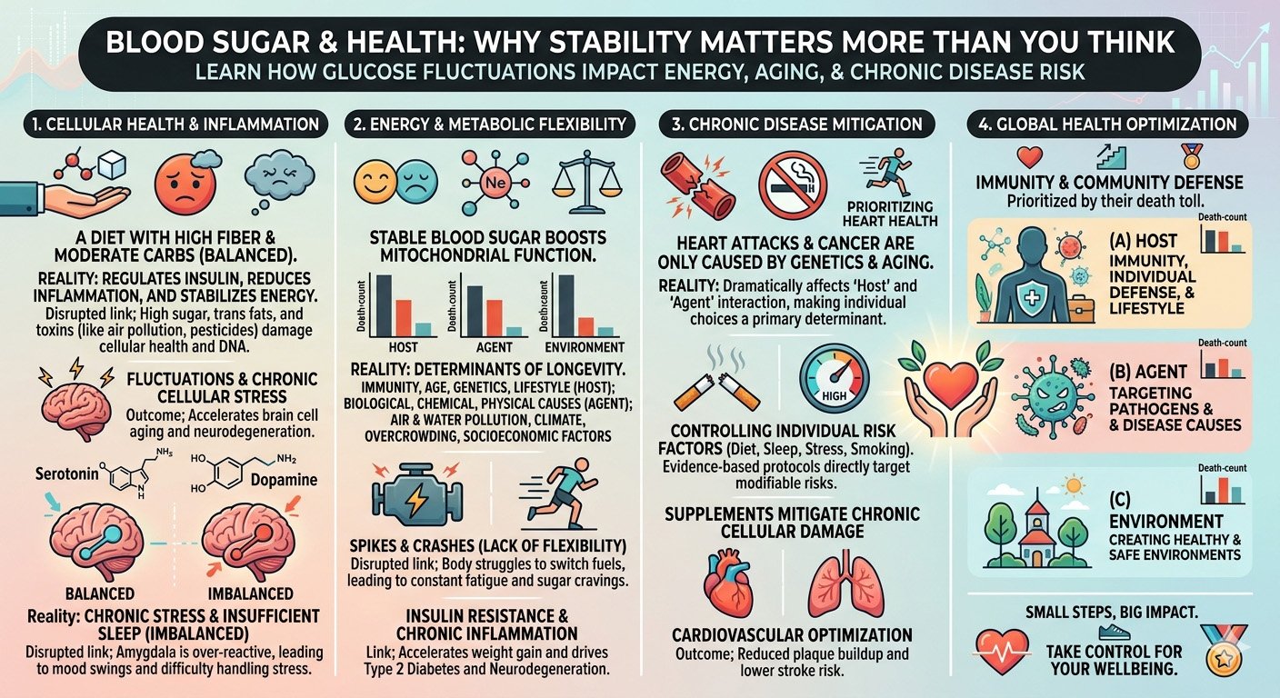 Infographic explaining blood sugar stability, glucose spikes, insulin resistance, and their impact on energy, aging, and chronic disease risk