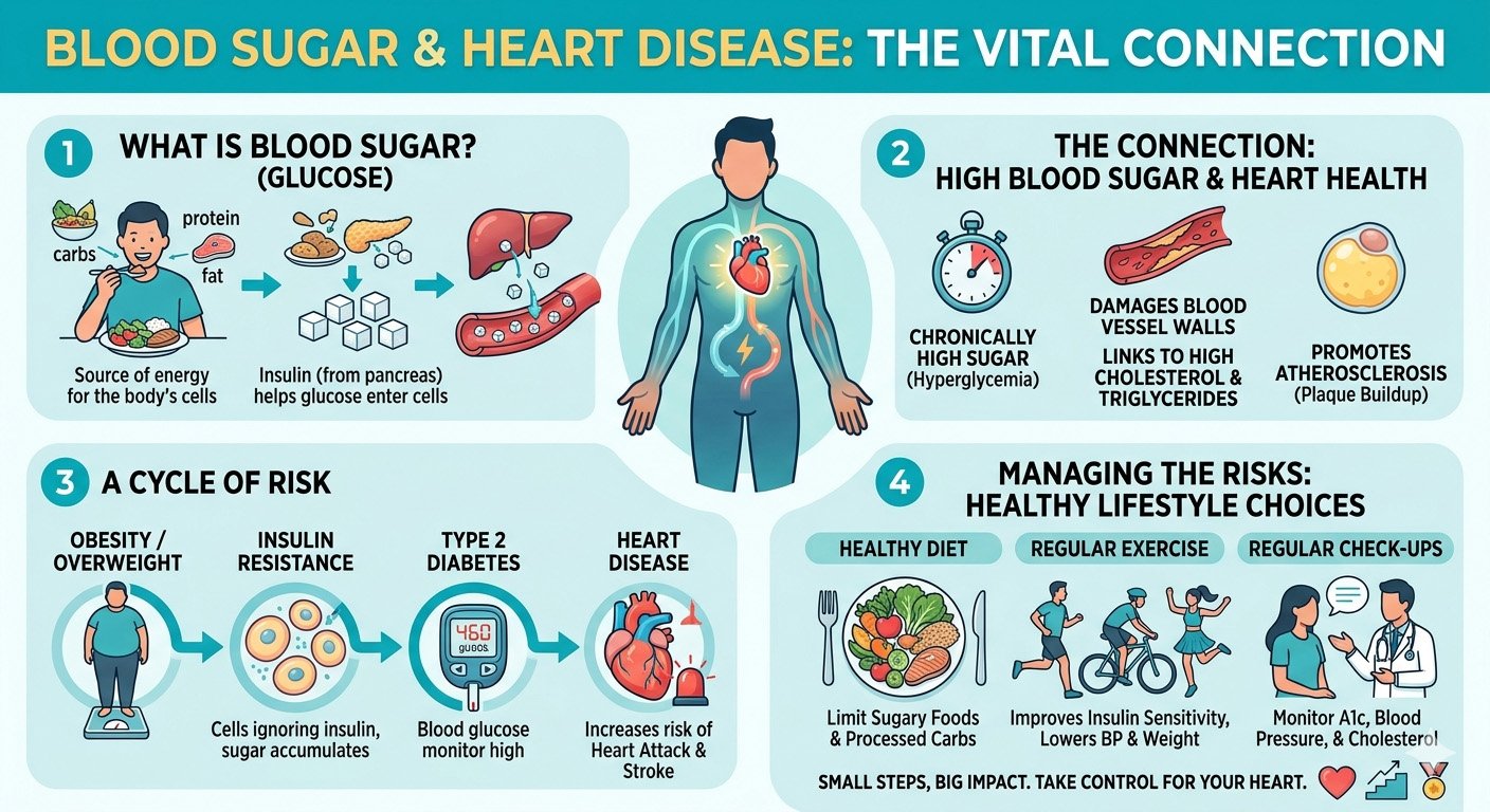 Infographic showing the link between high blood sugar and heart disease including diabetes risk and cardiovascular complications