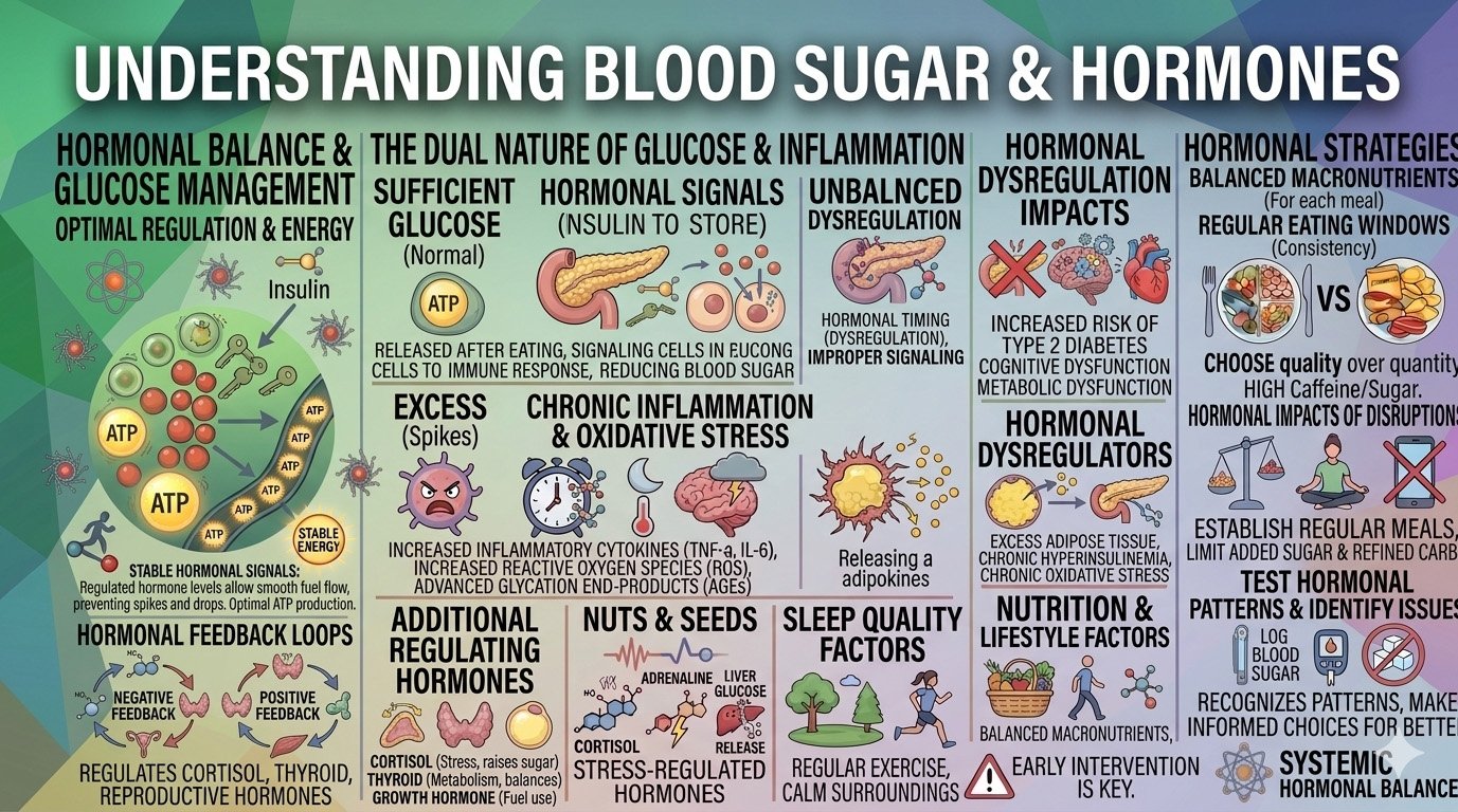 Understanding blood sugar and hormones infographic showing insulin, glucagon, cortisol, and other hormones that regulate glucose levels in the body
