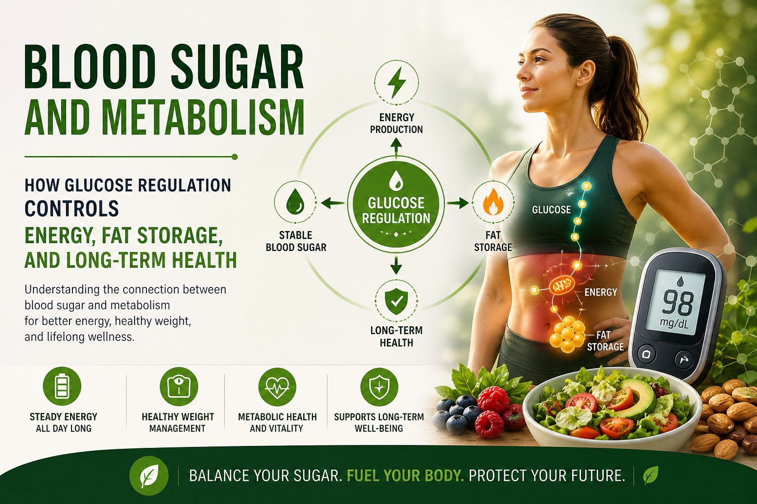 Illustration showing how blood sugar regulation affects metabolism, energy production, fat storage, and long-term health