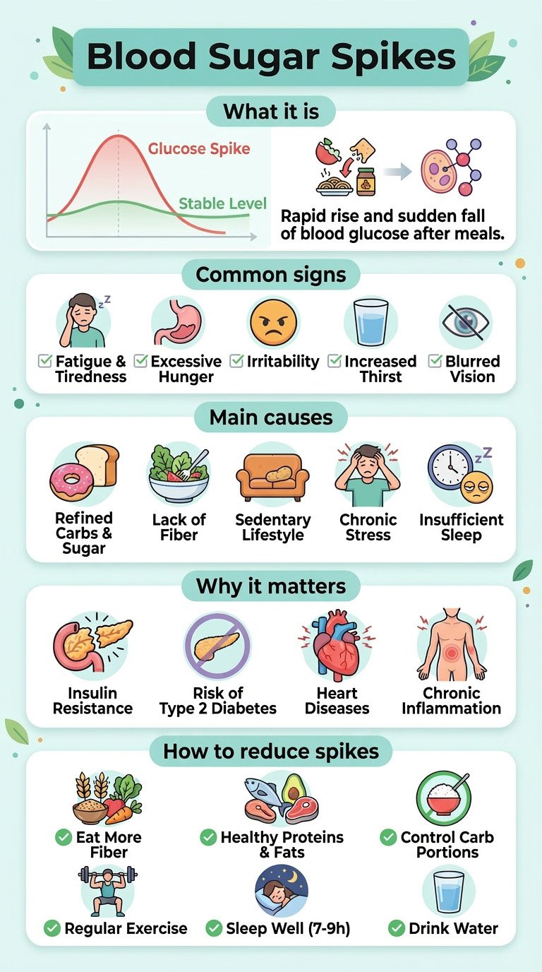 Infographic showing common causes of blood sugar spikes such as high-sugar foods, stress, poor sleep, and insulin resistance