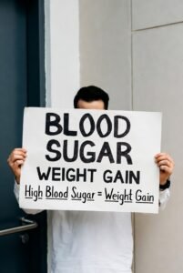 Person holding sign about blood sugar and weight gain, representing the connection between glucose levels and body weight