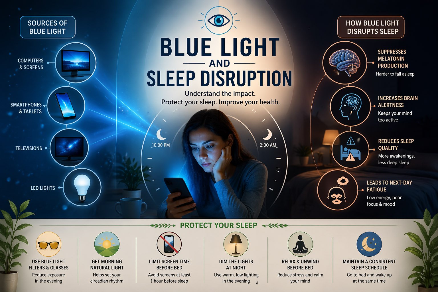 Blue light and sleep disruption illustration showing a woman using a smartphone at night with sources of blue light and effects on melatonin production and sleep quality