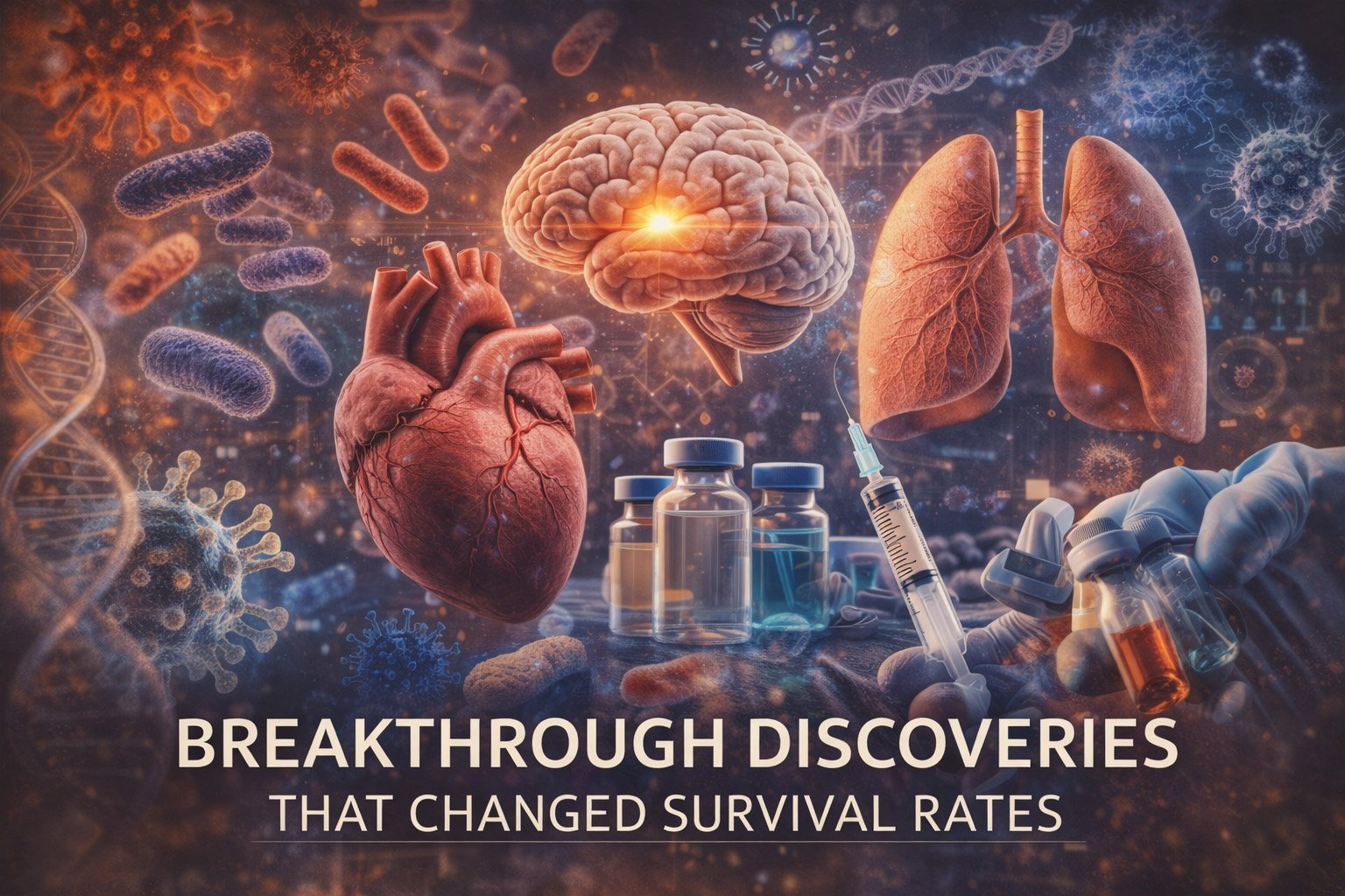 Medical illustration showing organs, bacteria, vaccines, and scientific discoveries that improved survival rates and transformed modern medicine
