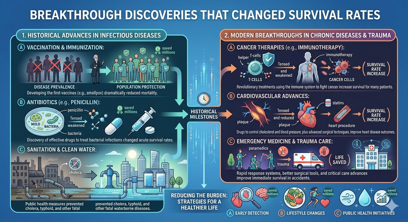 Infographic showing major medical breakthroughs that improved survival rates, including vaccines, antibiotics, sanitation, and modern healthcare innovations