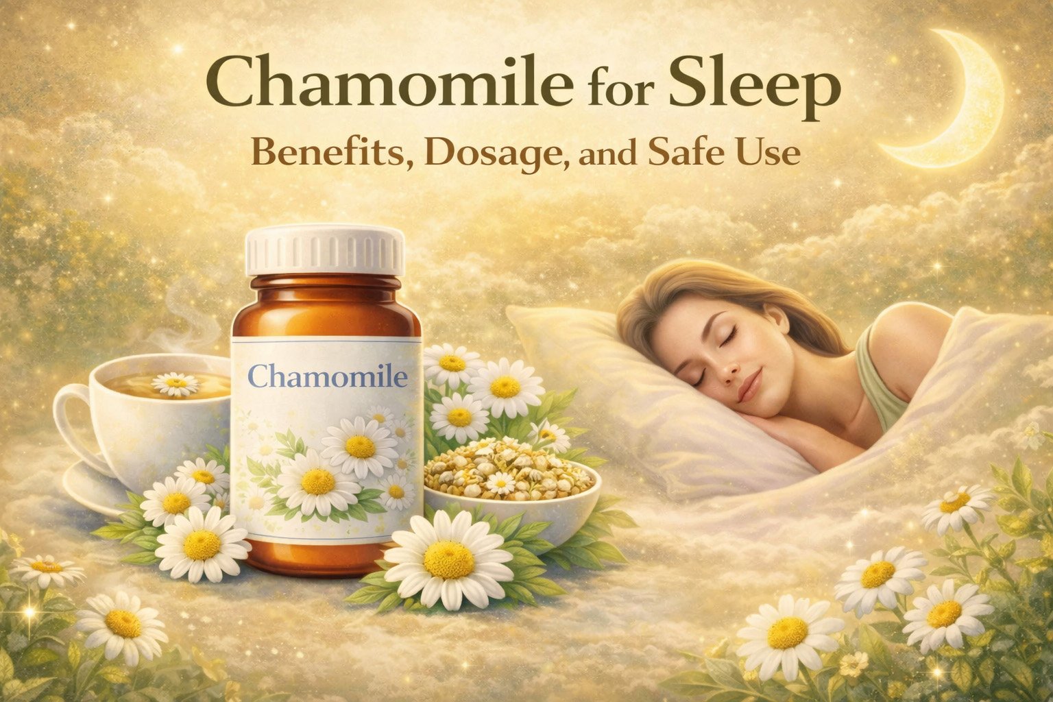 Chamomile supplement for sleep illustration showing chamomile flowers, tea, and a person sleeping peacefully to support relaxation and sleep quality