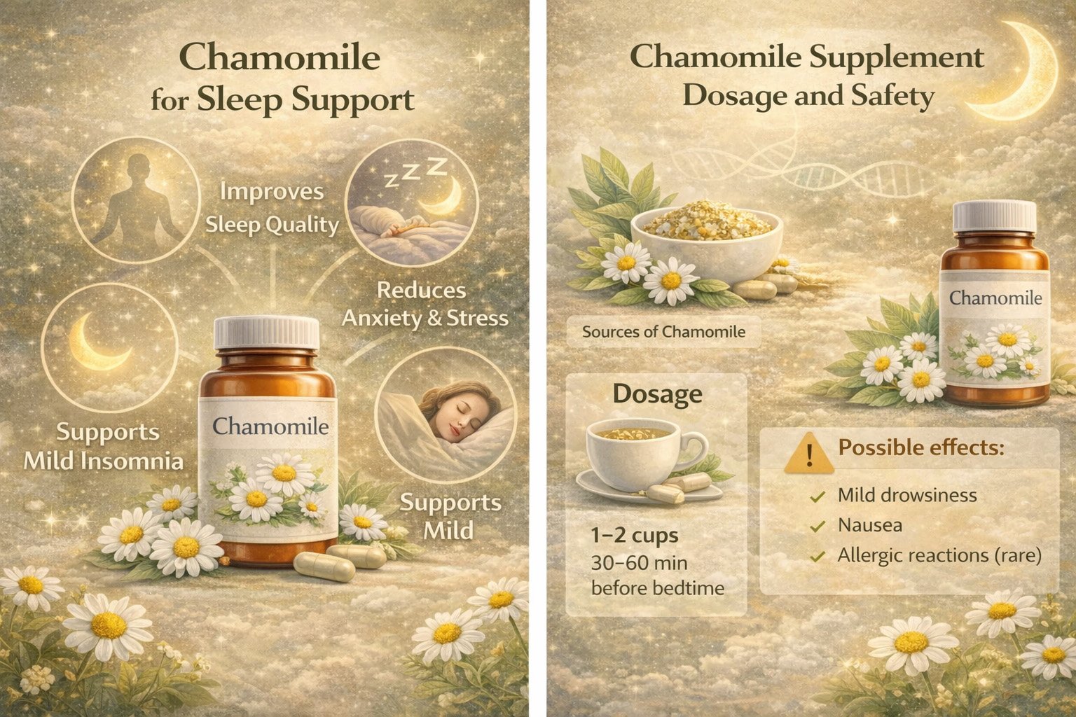 Chamomile for sleep infographic showing benefits, recommended dosage, and safety information for relaxation and sleep support