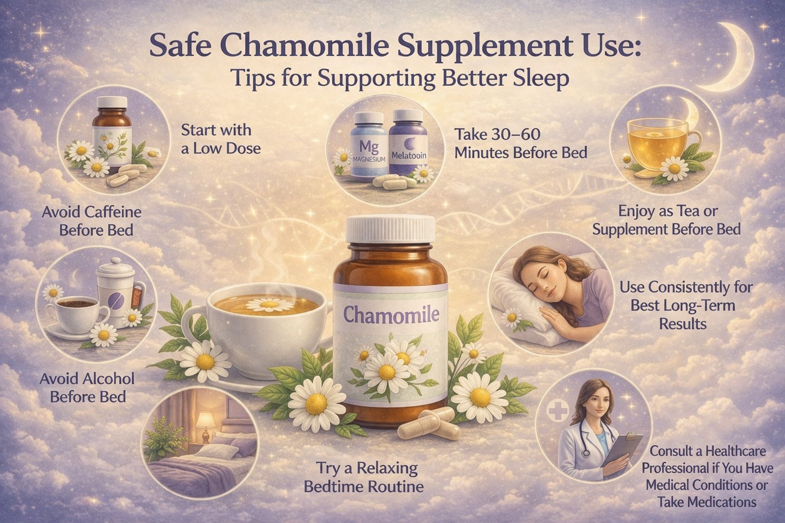 Safe use of chamomile supplement infographic showing tips for bedtime timing, avoiding caffeine, and supporting relaxation and sleep