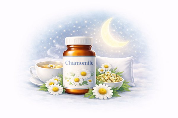 Chamomile supplement and tea representing natural sleep support