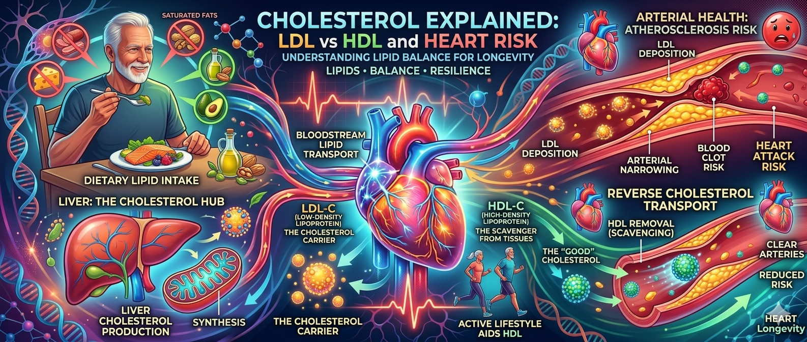 Detailed infographic explaining cholesterol metabolism in the human body, showing the liver producing LDL, lipid transport in the bloodstream, and the role of HDL in clearing arteries to prevent heart risk.