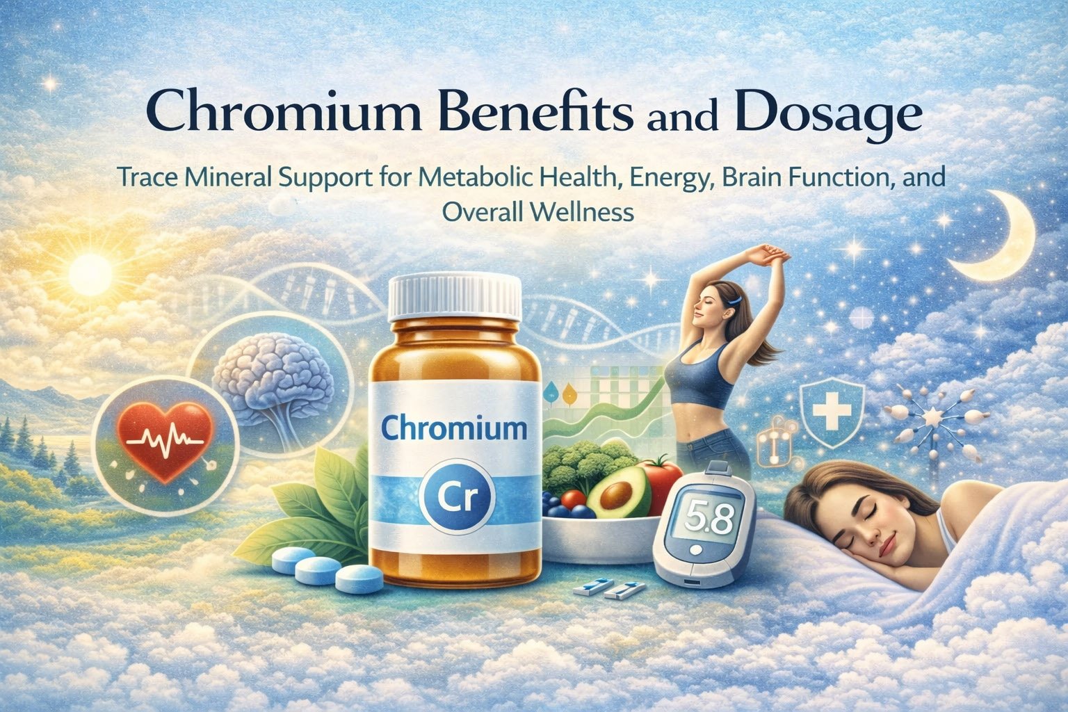 Chromium supplement supporting blood sugar balance, metabolic health, energy production, and overall wellness