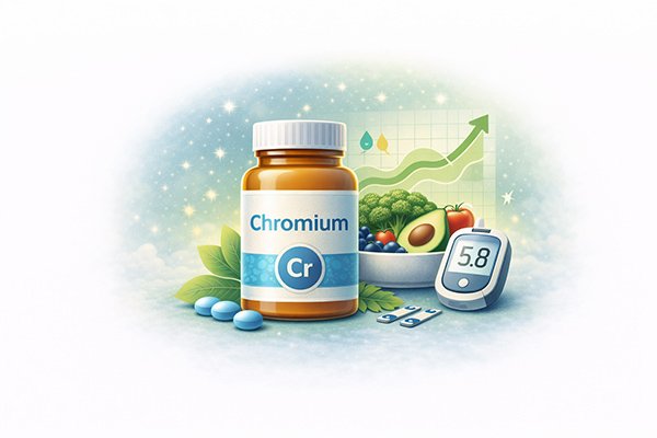 Chromium supplement bottle alongside a glucose meter, avocado, and broccoli, highlighting its role in blood sugar and insulin support.