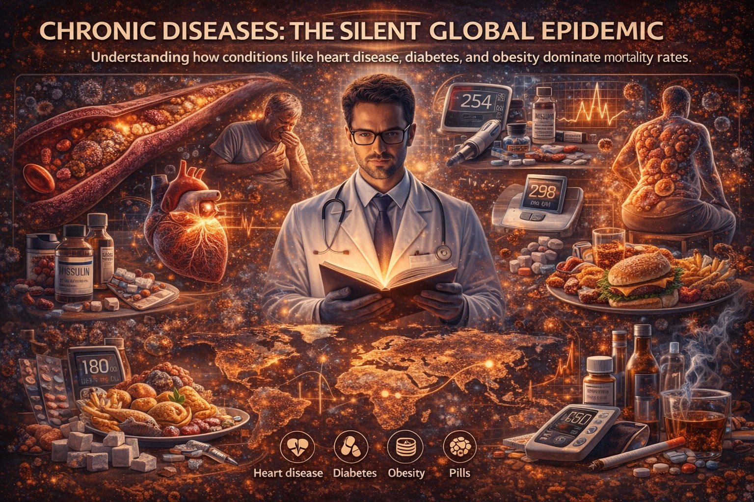 Chronic diseases illustration showing heart disease, diabetes, obesity, and global mortality trends in modern public health