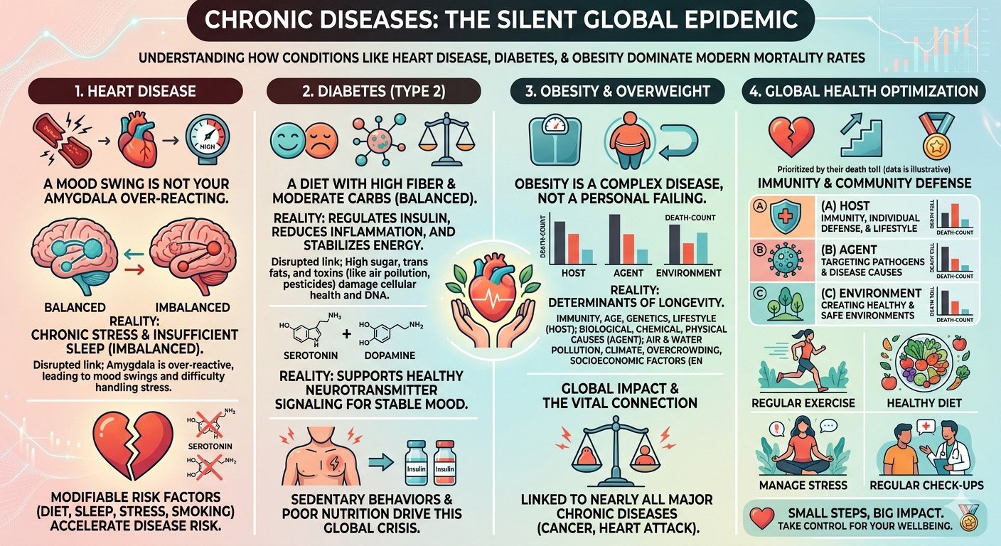 Infographic showing global statistics on chronic diseases including heart disease, diabetes, obesity, and their impact on mortality rates